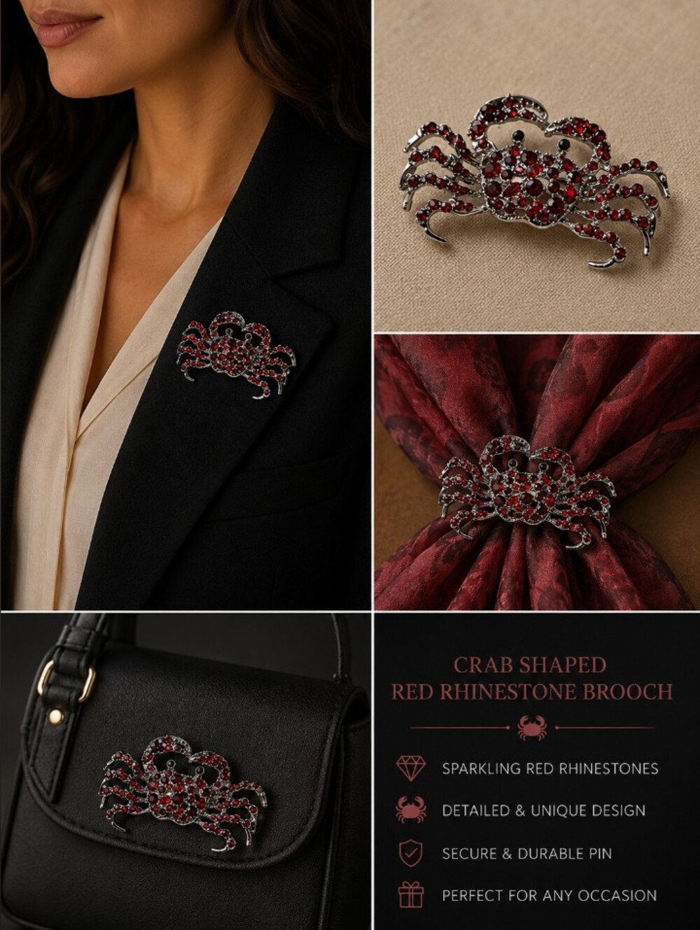 Crab Shaped Red Rhinestone Brooch